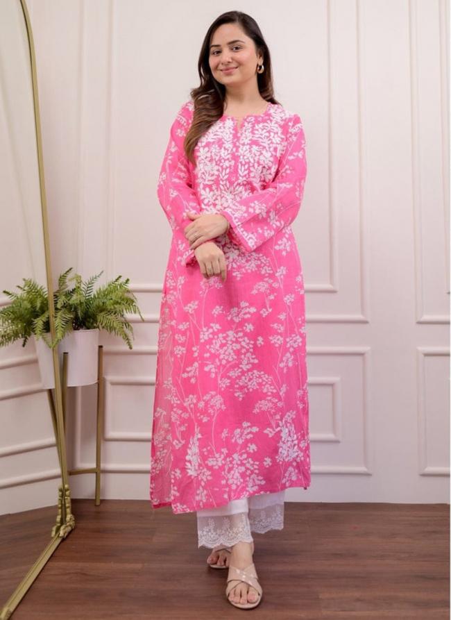 Pure Mul Mul Cotton Pink Daily Wear Chikankari Embroidery Readymade Kurti Pant